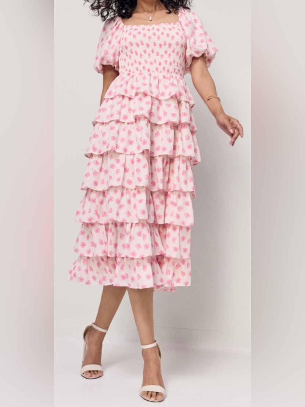 Francesca’s Pink Floral Tiered Maxi Dress